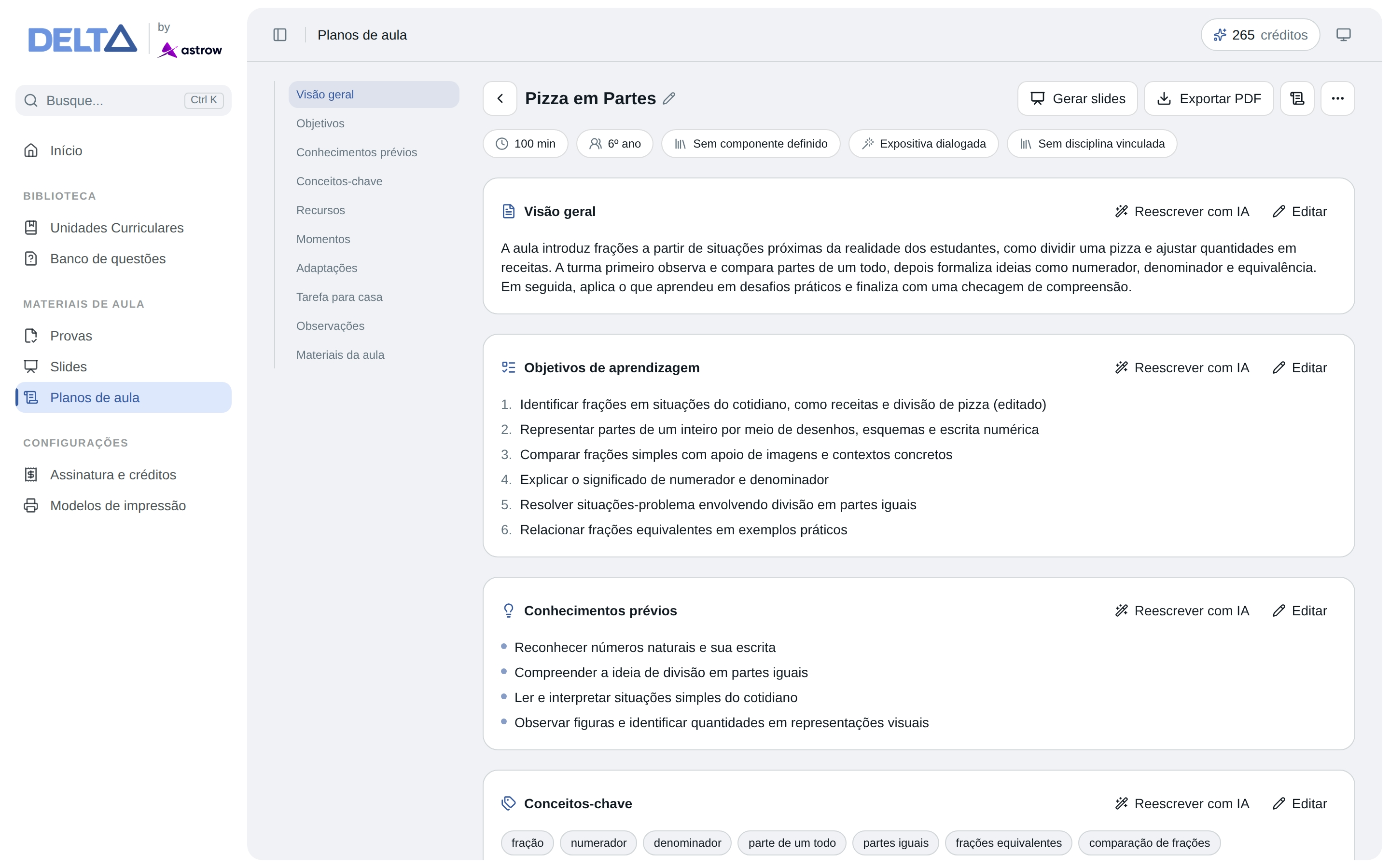 Plano de aula aberto no Delta, com visão geral e objetivos de aprendizagem