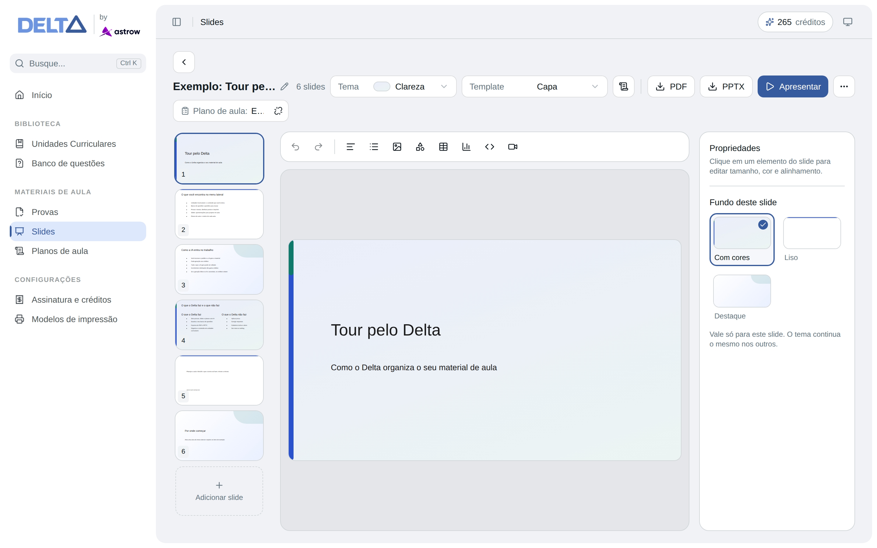 Editor de slides do Delta, com miniaturas à esquerda e propriedades à direita