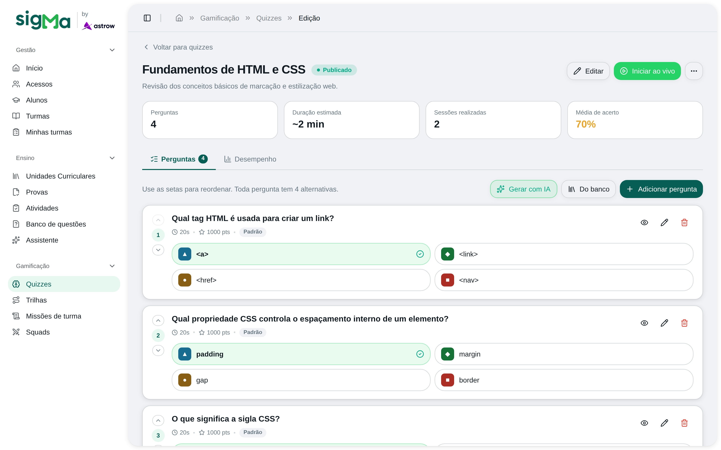 Editor de quiz do Sigma, com perguntas de múltipla escolha