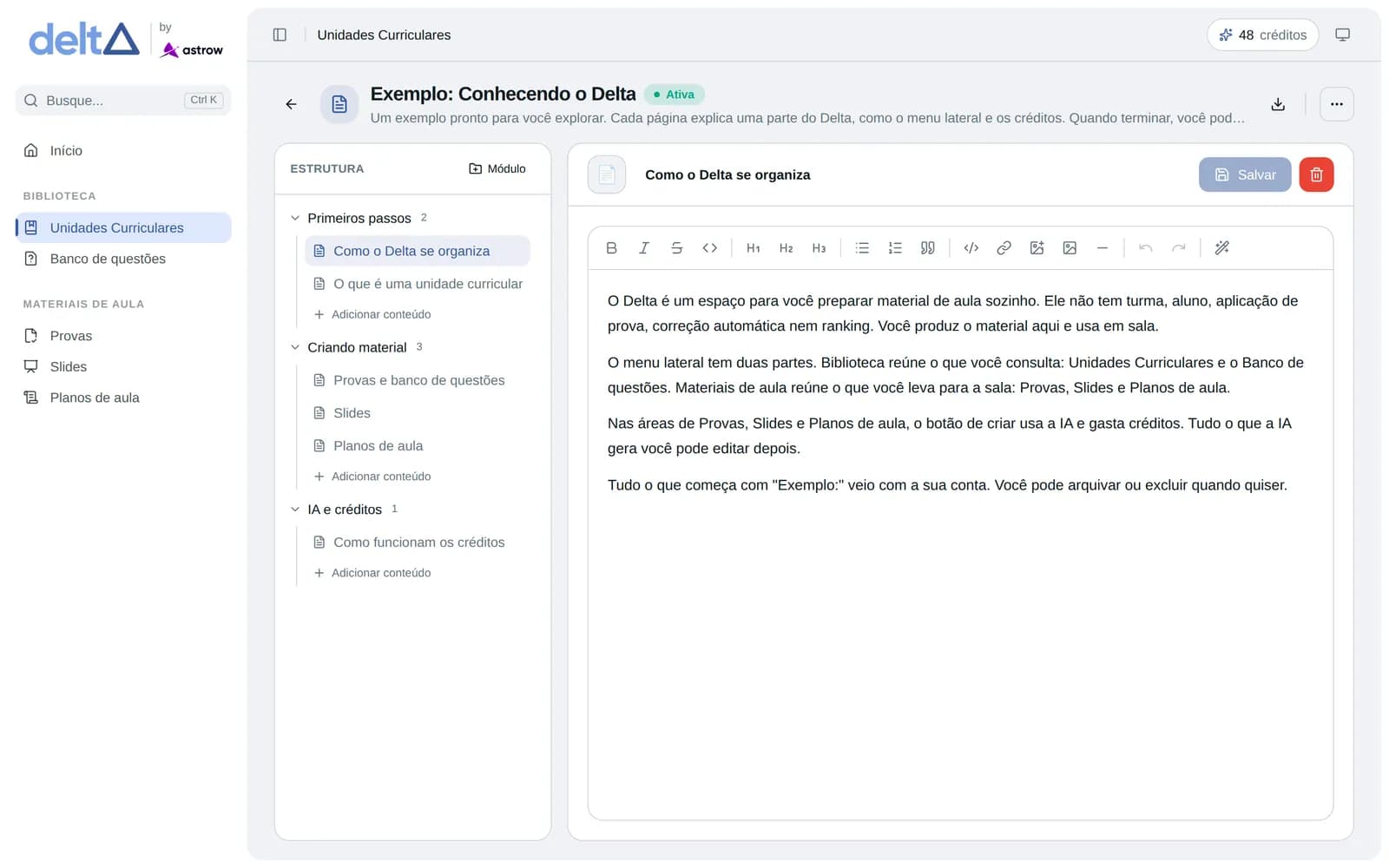Matéria aberta no Delta, com módulos e páginas na lateral e o editor de texto no centro