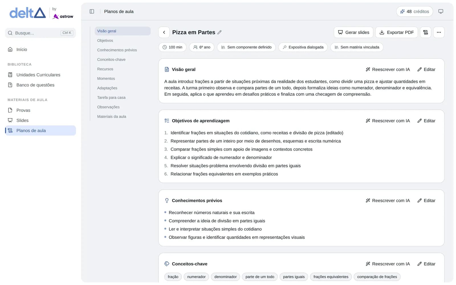 Plano de aula aberto no Delta, com visão geral, objetivos de aprendizagem e conhecimentos prévios