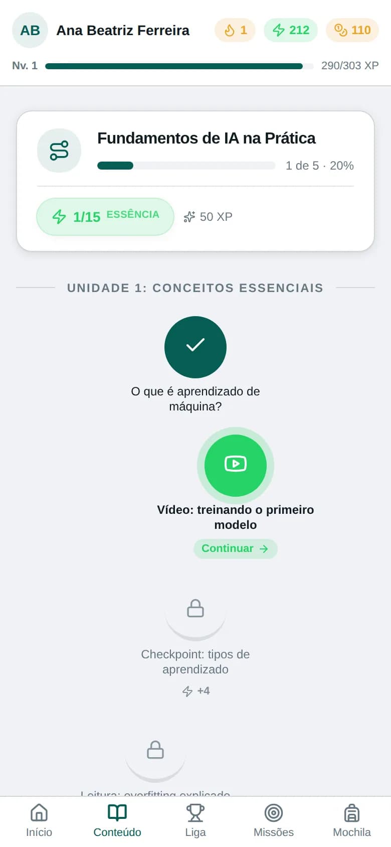 Trilha de aprendizagem do aluno em formato de caminho: etapas concluídas, a etapa atual com o botão Continuar e as próximas bloqueadas