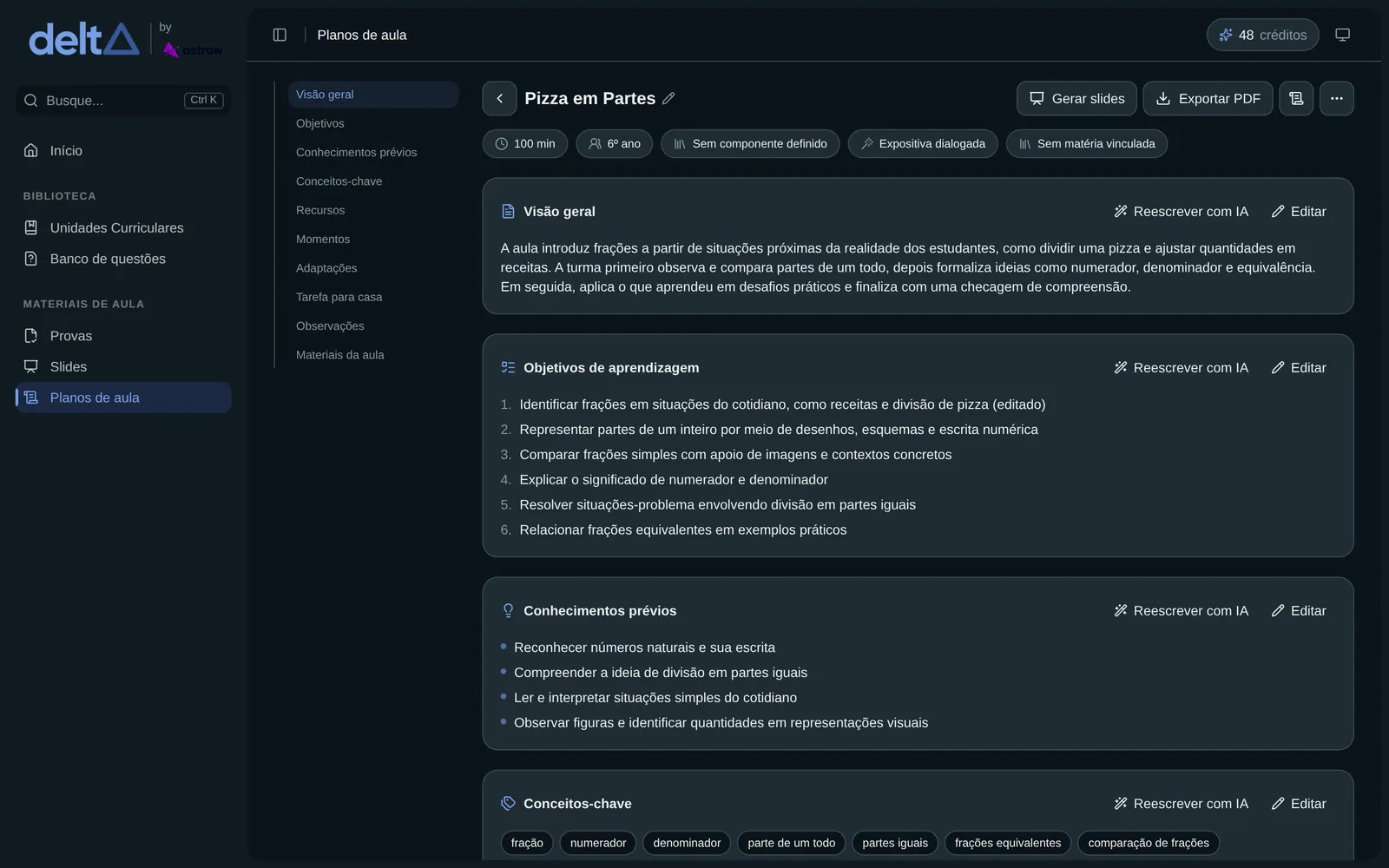Plano de aula aberto no Delta, com visão geral e objetivos de aprendizagem