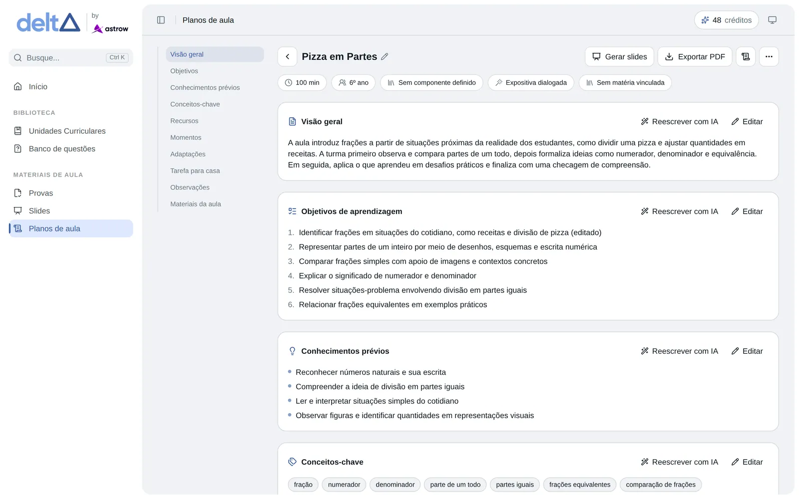 Plano de aula aberto no Delta, com visão geral e objetivos de aprendizagem