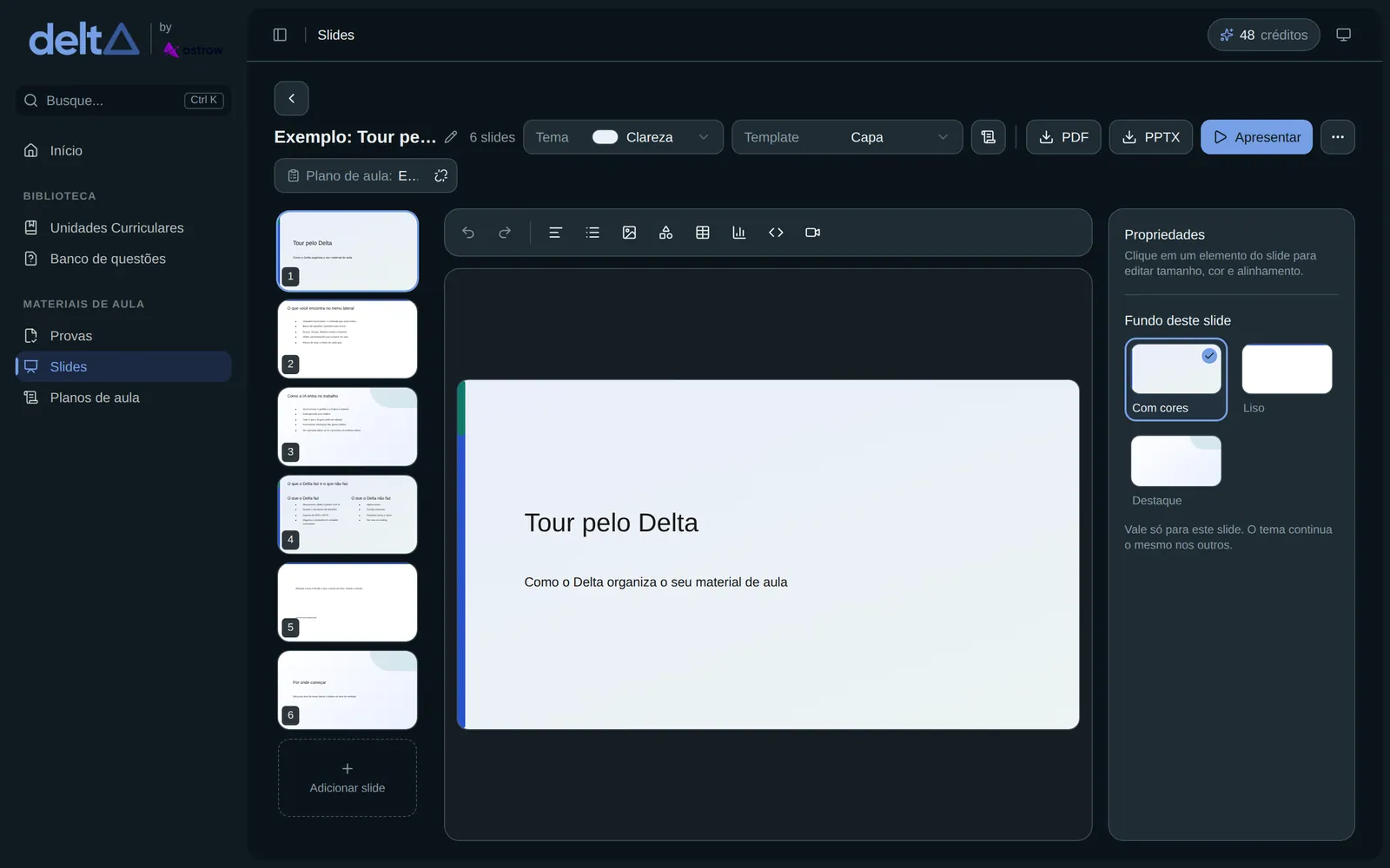 Editor de slides do Delta, com as miniaturas e os botões de exportar em PDF e PPTX