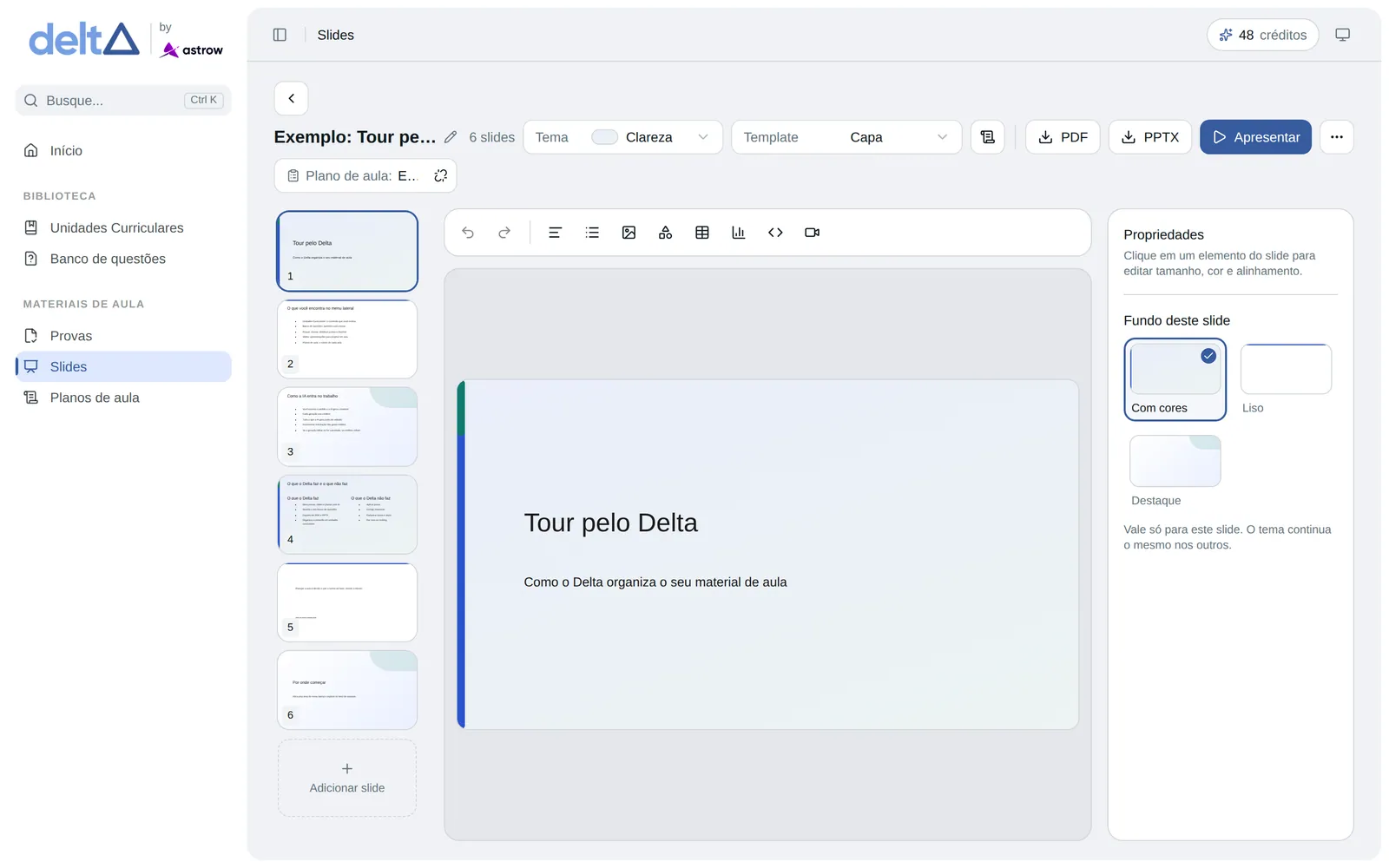 Editor de slides do Delta, com as miniaturas e os botões de exportar em PDF e PPTX