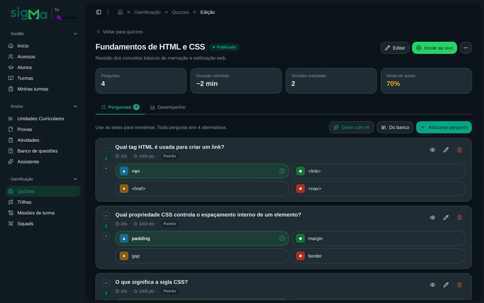 Editor de quiz no Sigma, com perguntas de múltipla escolha